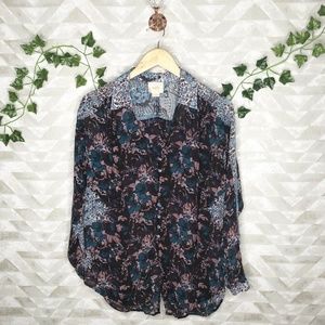 Maeve teal floral button down hi lo tunic